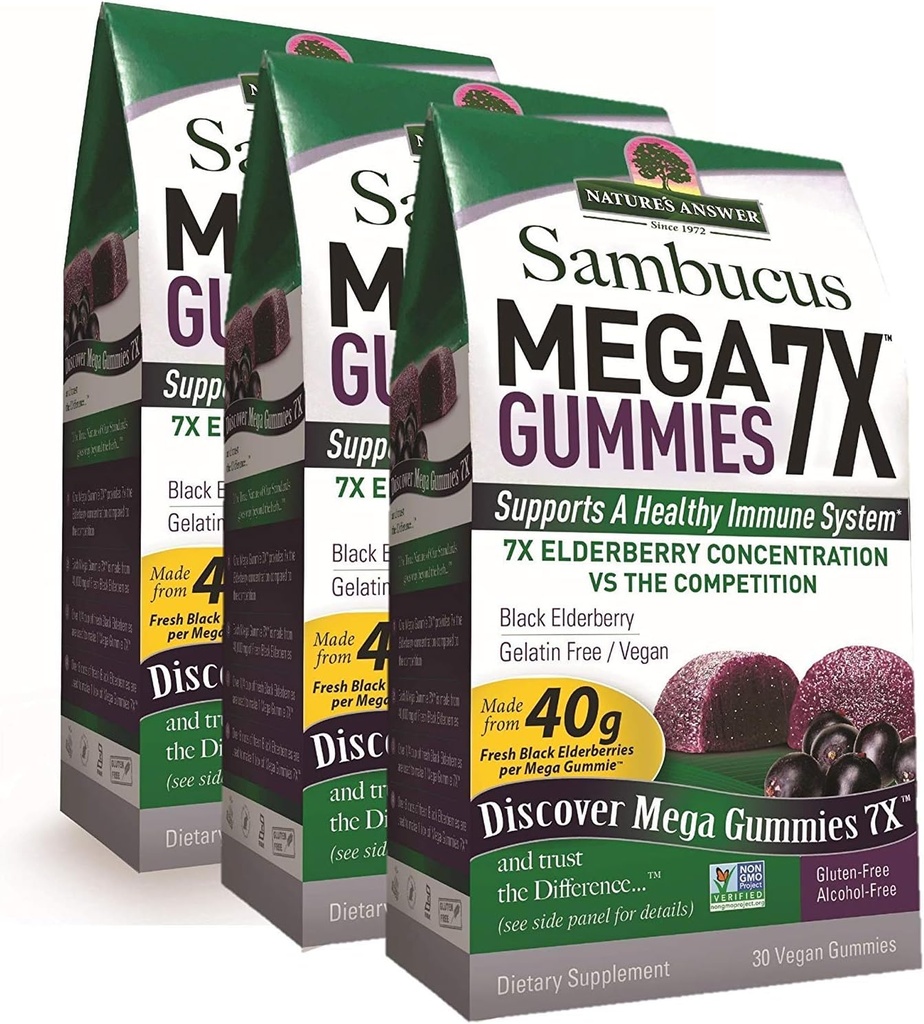 Příroda odpověď Sambucus Mega Gummies CLAS124; 7X Další koncentrace bezinky CLAS124; Alkoholické-Free, gluten- Free, Gelatin- Free, Vegan, Non- GMO & No Preservatives CLAS124; 30ct Gummies (balení po 3)