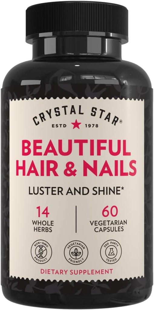 Crystal Star Beautiful Hair & Nail Dodatek (60 Kapsle) - Bylinný dodatek podporuje silnější silnější vlasy a nehty - Koňský ocas, Nettle & Alfalfa - Non- GMO