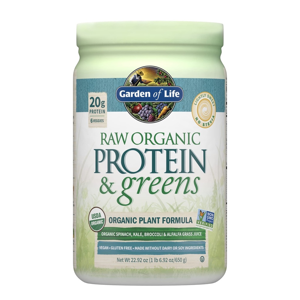 Zahrada života syrové organické bílkoviny & zelené světle sladké, Vegan protein prášek pro ženy a muže, rostlinný a pea protein, zelené, probiotika, gluten zdarma nízký karb Shake Made Wiry 20 Servings