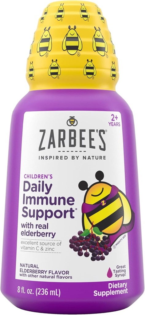 Zarbee 's Elderberry Syrup for Kids, Denní imunitní podpora s vitaminem C & Zinek, Childres Liquid Supplement, Natural Berry Flavor, 8 fl oz