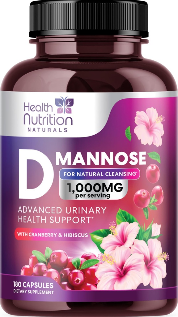 D-Mannose doplněk 1,350mg - s Cranberry, Hibiscus & Pampeliška - Fast-acting, přírodní močový trakt a močová měchýř podpora pro ženy a muže - Flush & Cleanse Nečistoty - Non- GMO, Vegan - 180 Kapsle