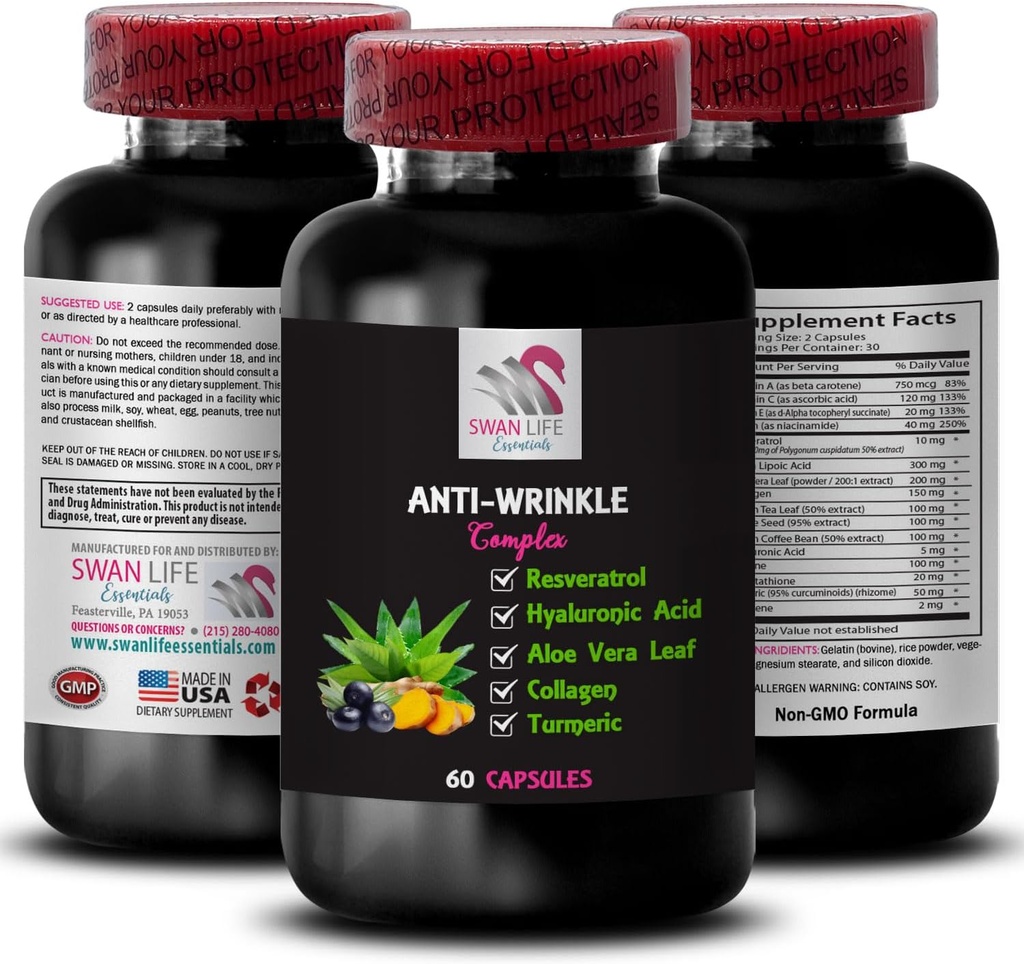 Alpha Lipoic Acid Support - ANTI-WRINKLE COMPLEX - Aloe Vera Leaf Benefits, Collagen Boost, Green Tea Leaf Extract, Grape Seed Power, Green Coffee Bean Benefits, Hyaluronic Acid 1 Lahev 60 Caps