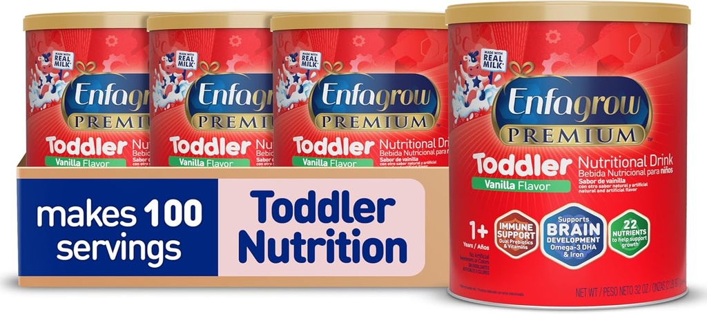 Enfagrow Premium Toddler Nutritional Drink, Vanilla Flavor, Omega-3 DHA pro podporu mozku, Prebiotika & Vitaminy pro imunitní zdraví, Powder Can, 32 Oz, balení 4