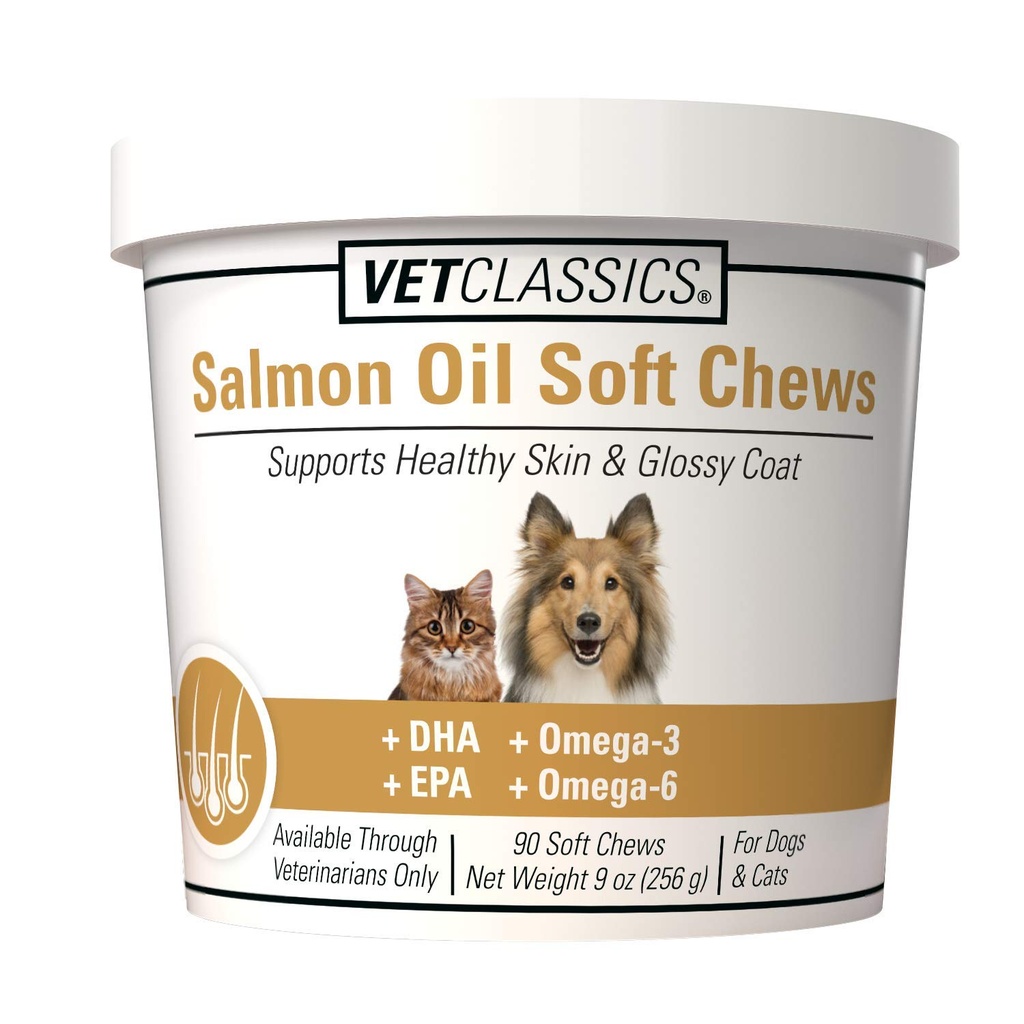 Vet Classics Losos Oil Pet dodatek pro zdravou pleť, Glossy Coats - Doplněk pro psí kabát, Kočičí Kůže dodatek - Zahrnuje Omega-3, 6, 9, Zdroj DHA, EPA - měkké Chews 90 Ct.
