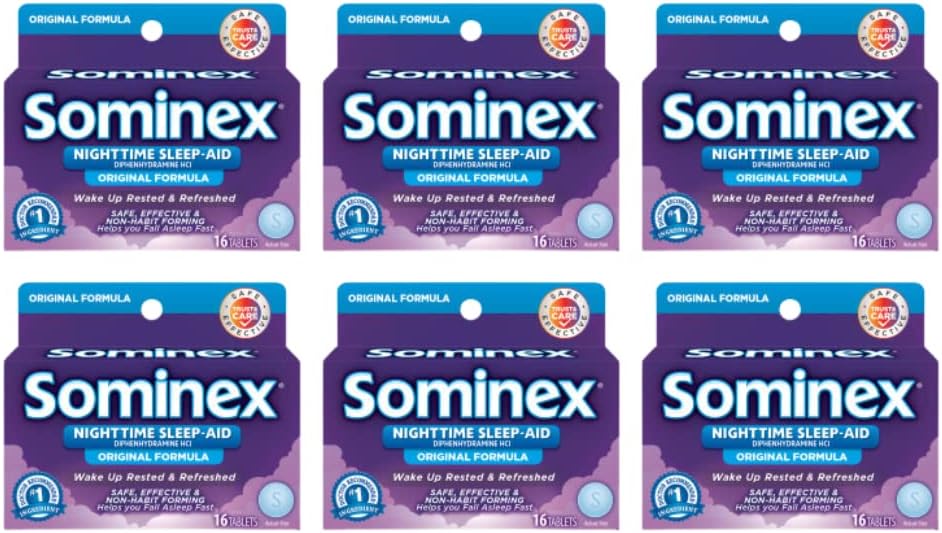 Sominex Nighttime Sleep- Aid with Diphenhydramine HCl 25 mg, Original Formule, 16 Tablety, (Balení po 6)