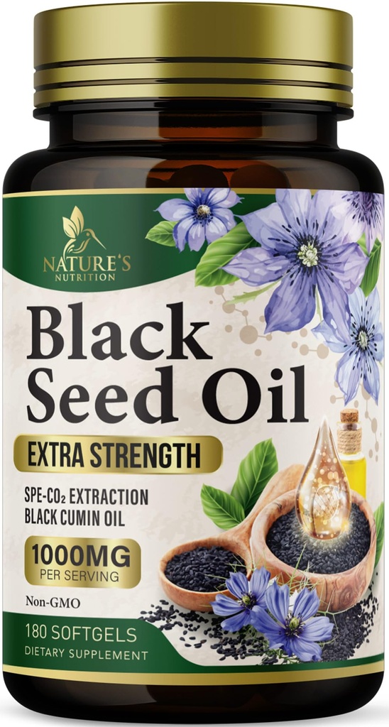Black Seed Oil Softgels 1000mg - Premium Nigella Sativa Blackseed, Pure Natural Black Cumin Seed Oil & Antioxidant for Skin & Imunitation Support - Non GMO, Baleno v dodatku USA - 180 Softgels