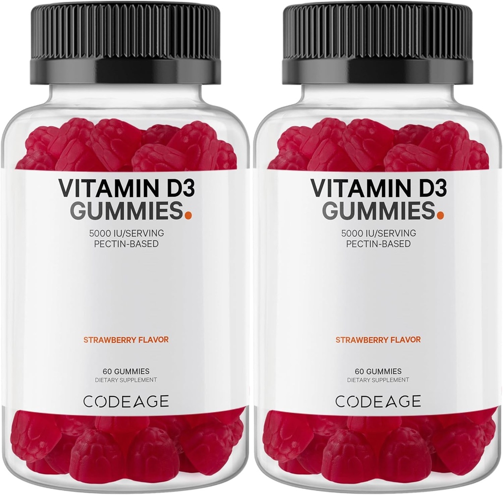 Codeage Vitamin D3 Gummy Vitamíny, Vitamin D3 5000 IU Gummies Cholekalciferol 125 mcg, Soft Pectin- based, Animal Gelatin- Free Gummy, Gummies Vitamíny, Chutné Jahody, Non- GMO - 2-Pack