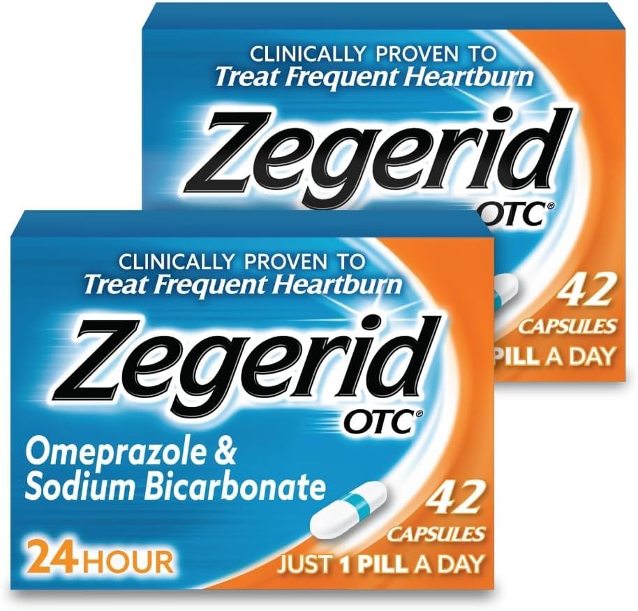 Zegerid OTC, Omeprazol Plus Bikarbonát sodný, 24 hodin, Inhibitor protonové pumpy (PPI), Heartburn Medicine, Acid Reducer, Two 42ct Cartons