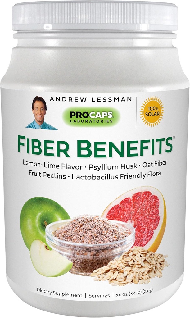 ANDREW LESSMAN Fiber Benefity Powder 60 Servings - Lemon- Lime, Gentle, Natural Soluble / Nerozpustný Fiber, Promotes Regularity, Cleansing. Psylium Husk, Oat, Apple, Grapefruit, Guar Gum, Probiotika