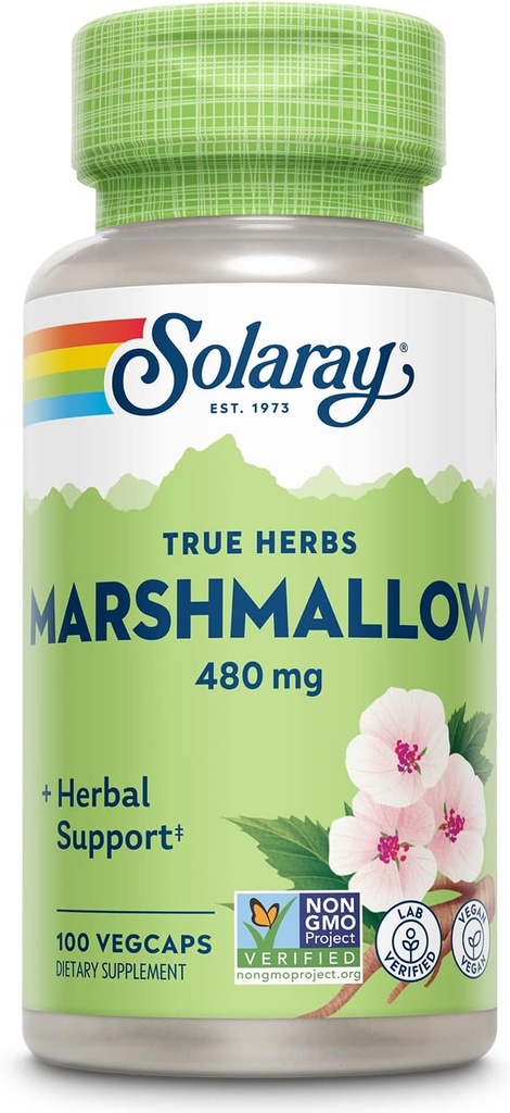 SOLARAY Marshmallow Root Capsules 480 mg - Soothing Herbal Support w / Whole Marshmallow Root - High in Mucilage Soluble Fiber, Vegan, Non- GMO, Lab Ověřeno, 60- Day Garance, 100 Servings, 100 VegCaps