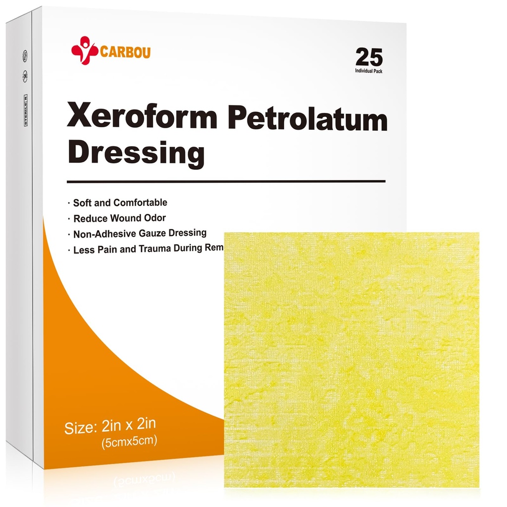 Carbou Medical Xeroform Petrolatum Dressing 2 "x2", 25 Individuální balení, non-adherent Gázové Pady, Jemné Jemné Mesh Gáze Patch pro péči o zranění, Burns, Lacerations, Kožní štěpky a chirurgické příhody
