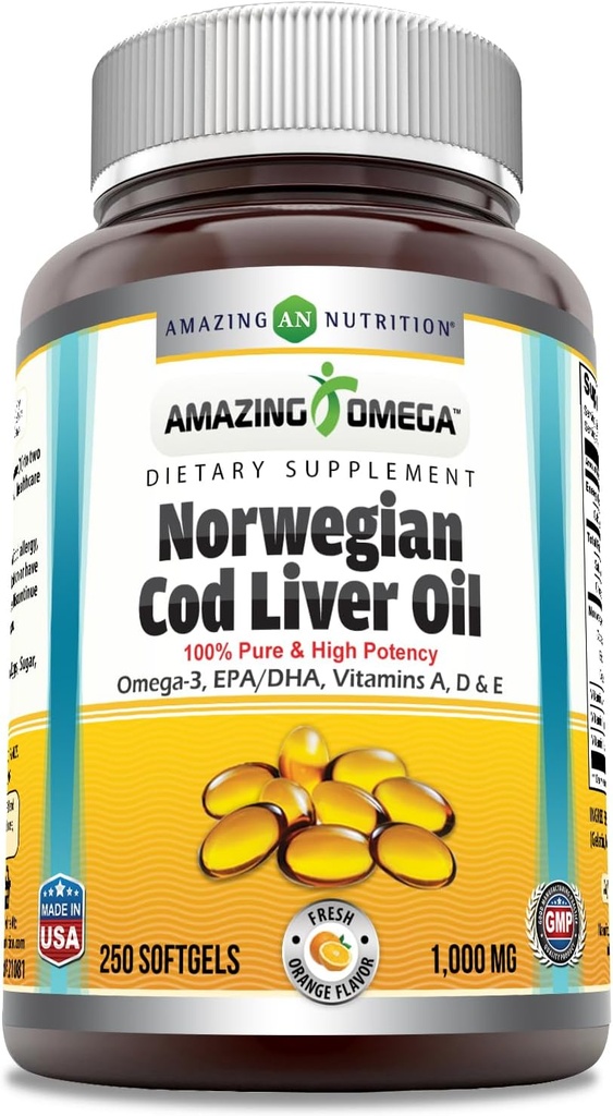 Amazing Omega Norské Cod Játra olej 1000 Mg Softgels dodatek 124; Omega-3, EPA, DHA, Vitamin A, D & Vitamin E (oranžová 124; 250 Počet)