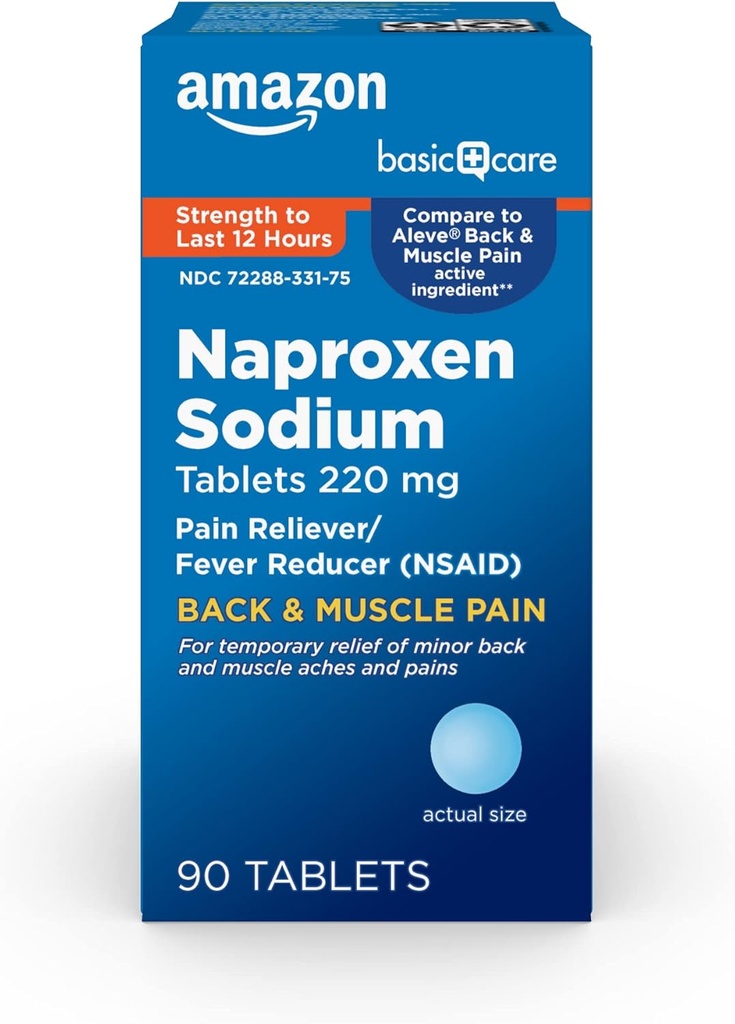 Basic Care Back and Muscle Pain, 220 mg, 12- hodinová úleva od bolesti, Naproxen Sodné tablety, Reliever bolesti a Reducer horečky, 90 Počet