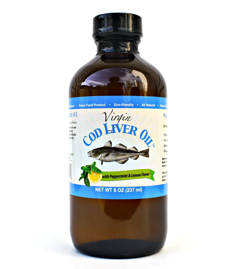 Virgin Cod Jaterní Oil - 8 Fl oz Natural, Udržitelně vyráběné, Wild Cod & Fresh Tasting. Vysoká hladina vitaminu D, Omega 3 DHA / EPA (citronová a mátová příchuť)