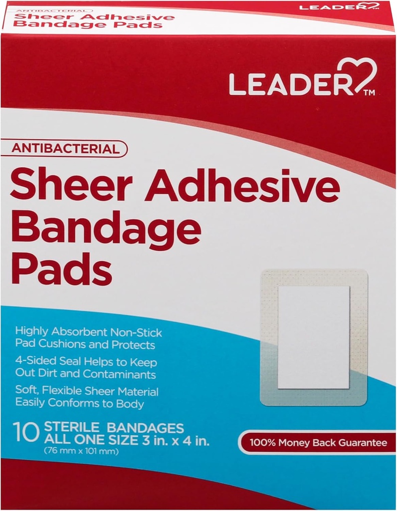 Leader Sheer Adhesive Bandage Pads, Balení Blends with Skin, Vysoce Absorbent Non-Stick Pad, pro první pomoc a Wound Care Protection, Porovnat s Band- Aid, Všechny jedna velikost 3 / 4 "x 4", 100 ct.