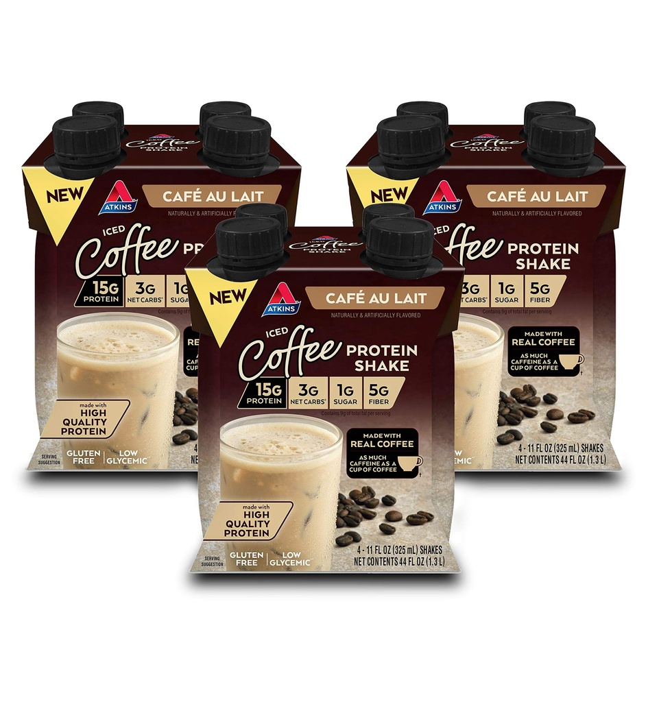Atkins Café au Lait Iced Coffee Ochucené protein Shake, Vysoký protein Shake, Nízký cukr, Nízký karb a Nízký cukr, Keto Friendly, Gluten Free, 12 Počet