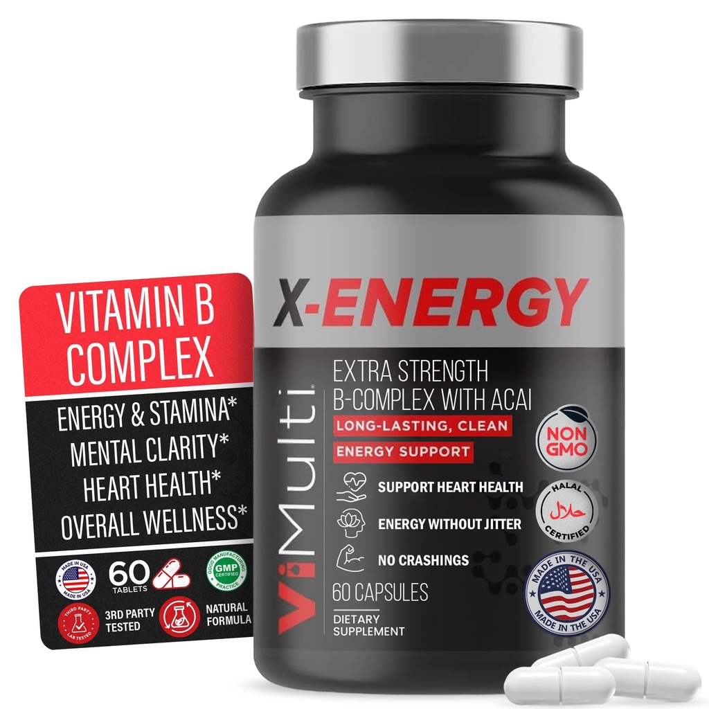 ViMulti X-Energy Vitamin B Complex Capsules with Caffeine, Taurine, Magnesium, Acai Extract, Ginseng, Rhodiola, Maca, Spirulina, Tongkat Ali, B1 B6 B12 Folate Dietary Supplement- 60 Capsules
