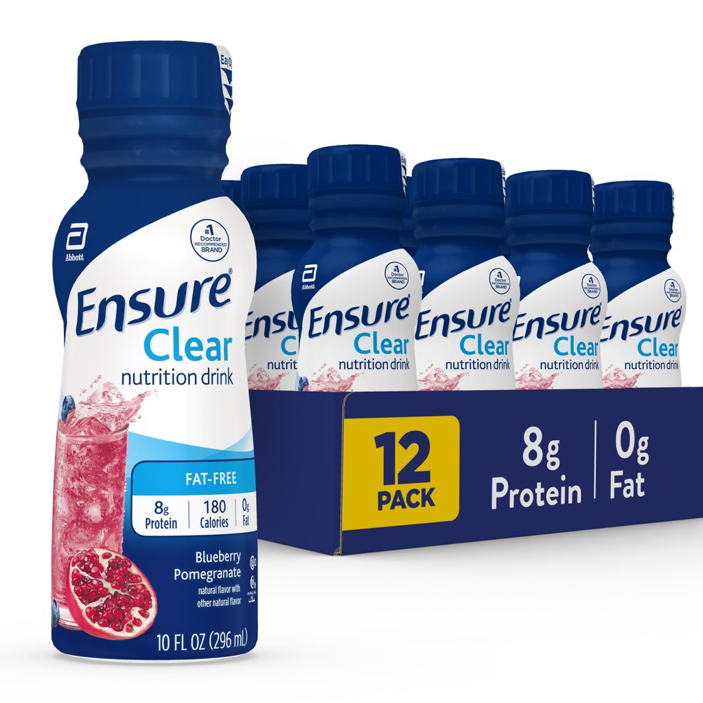 Zajistit tekutý čirý nutriční nápoj, 0g tuku, 8g proteinu, borůvkový pomegranát, 10 Fl Oz (balení po 12), láhev, bez lepku