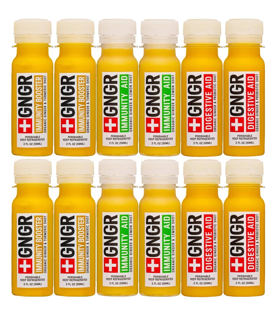 + GNGR Imunity Sampler Organic Ginger Wellness Shots - Premium Ginger Panty pro všechny přírodní stravovací podporu a imunitní podporu, stravitelná pomoc, Gut Cleanse a Detox 2 fl oz (balení po 12)
