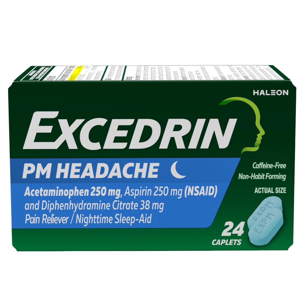 Excedrin PM pro úlevu od bolesti hlavy, Acetaminophen 250mg, Aspirin 250mg, Difenhydramin Citrát 38mg, Reliever bolesti, Noční spánková pomoc, 24 Počet