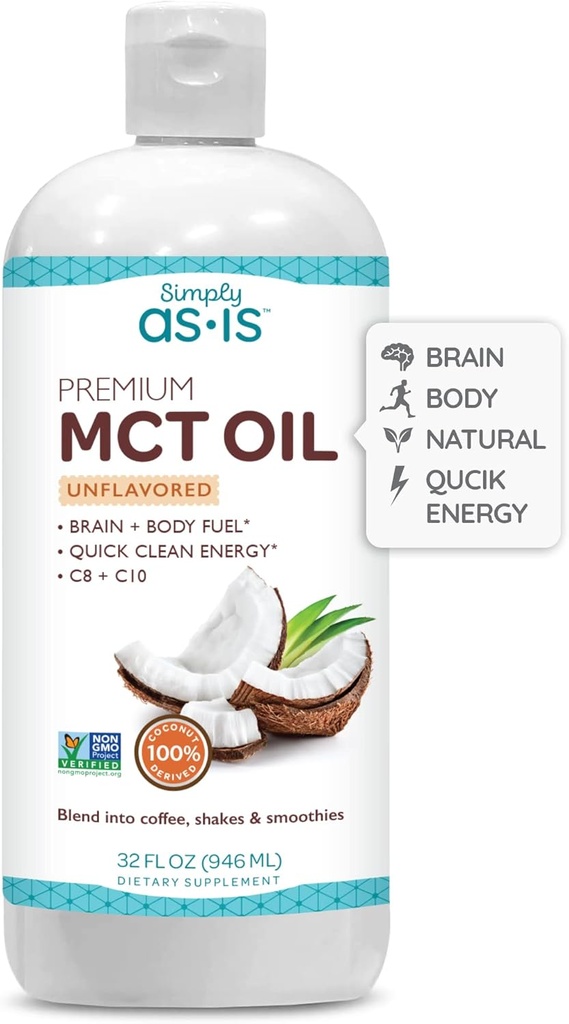 AS-IS Simple Premium MCT Oil C8 & C10 Oil 124; Neochucené 124; 100% z Non-GMO kokosy C124; Ideální pro ranní kávu C124; Quick Clean Energy C124; 32 fl oz (63 Servings)