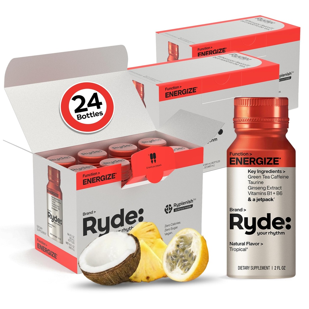 Ryde: Energize Shot 124; Tropical Flavor OF 124; Green Tea Caffeine, Taurin, Ginseng Extract & B Vitamíny 124; 0 Calories, 0 Cukr 124; 2 FL OZ Shots OZ Shots 124; Zvyšuje energii * (24 Pack)