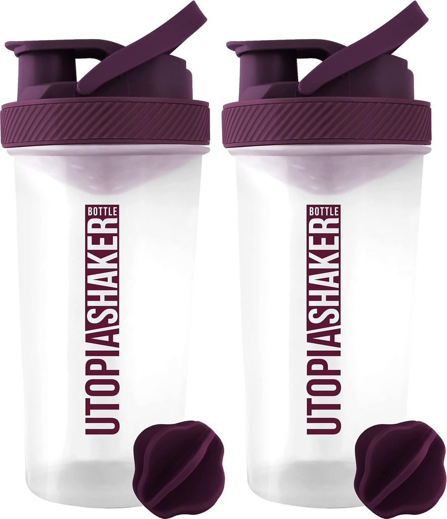 Utopia Home Protein Shaker Lahvička - (Balení po 2) 28- Ounce Shaker Lahvičky pro proteinové směsi - Fitness Sports Classic Protein Mixer Shaker Lahvička (Clear / Plum)