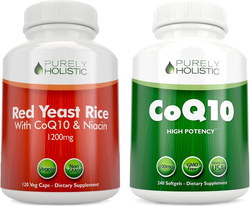 Čistě holistická červená kvasinková rýže 1200mg & Niacin + CoQ10 100mg - 120 Kapsle & 240 Softgels Bundle - Made in USA