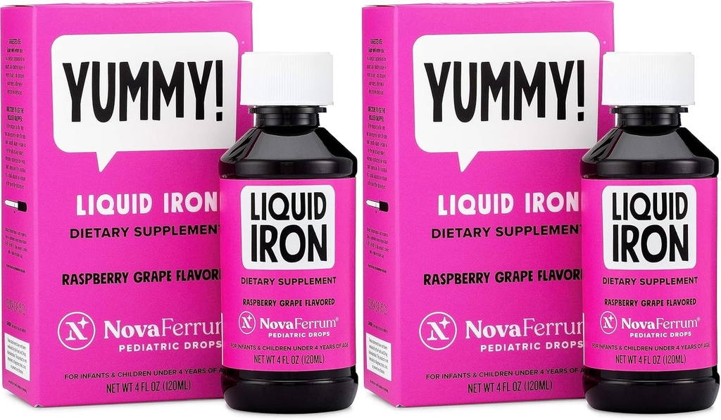 NovaFerrum Pediatrické kapky Liquid Iron Supplement pro kojence a Toddlers 4 fl oz (120 ml) - Malina Grape- balení po 2 ks