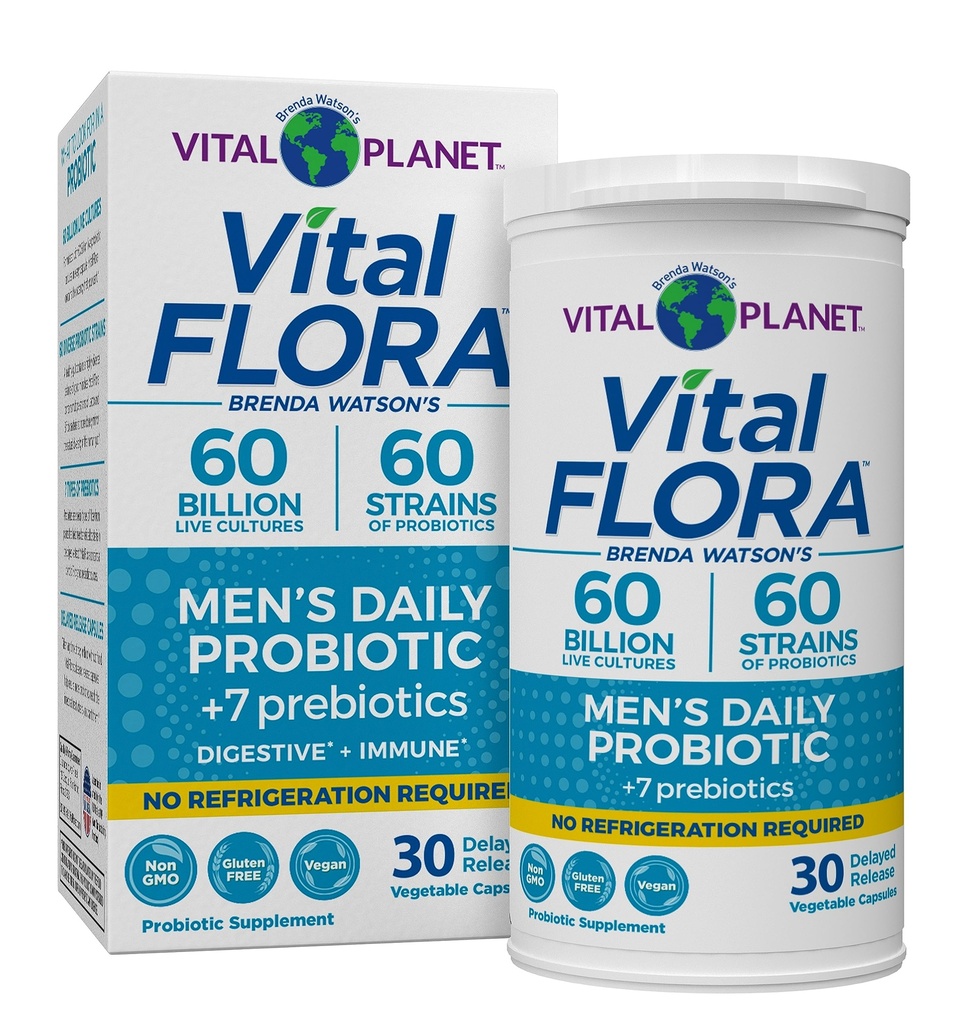 Vital Planet - Vital Flora Probiotika pro muže, 60 Miliardy CFU, 60 Diverse Straines, 7 Organic Prebiotics, Muži Daily Secure Stabilní Probiotika pro imunitní podporu, Útlum plynu, Digestive Health 30 Kapsle