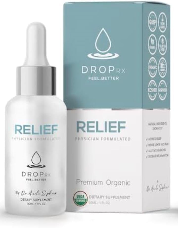 DropRx Relief by Dr. Nicole Saphier - Devils Claw & Organic Ginger Root Extract, Podporuje Joint Health & Digestive Wellness, Organic, Non GMO, Vegan, Gluten Free & Kosher, Made in USA (2 Fl Oz)
