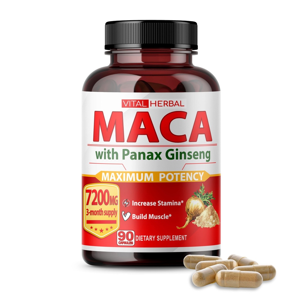 Vital Herbal Maca Root Complex with Ashwagandha, Tongkat Ali, Tribulus, Horny Goat Weed & Panax Ginseng - Bylinná podpora pro energii a výkon - 90denní dodávka
