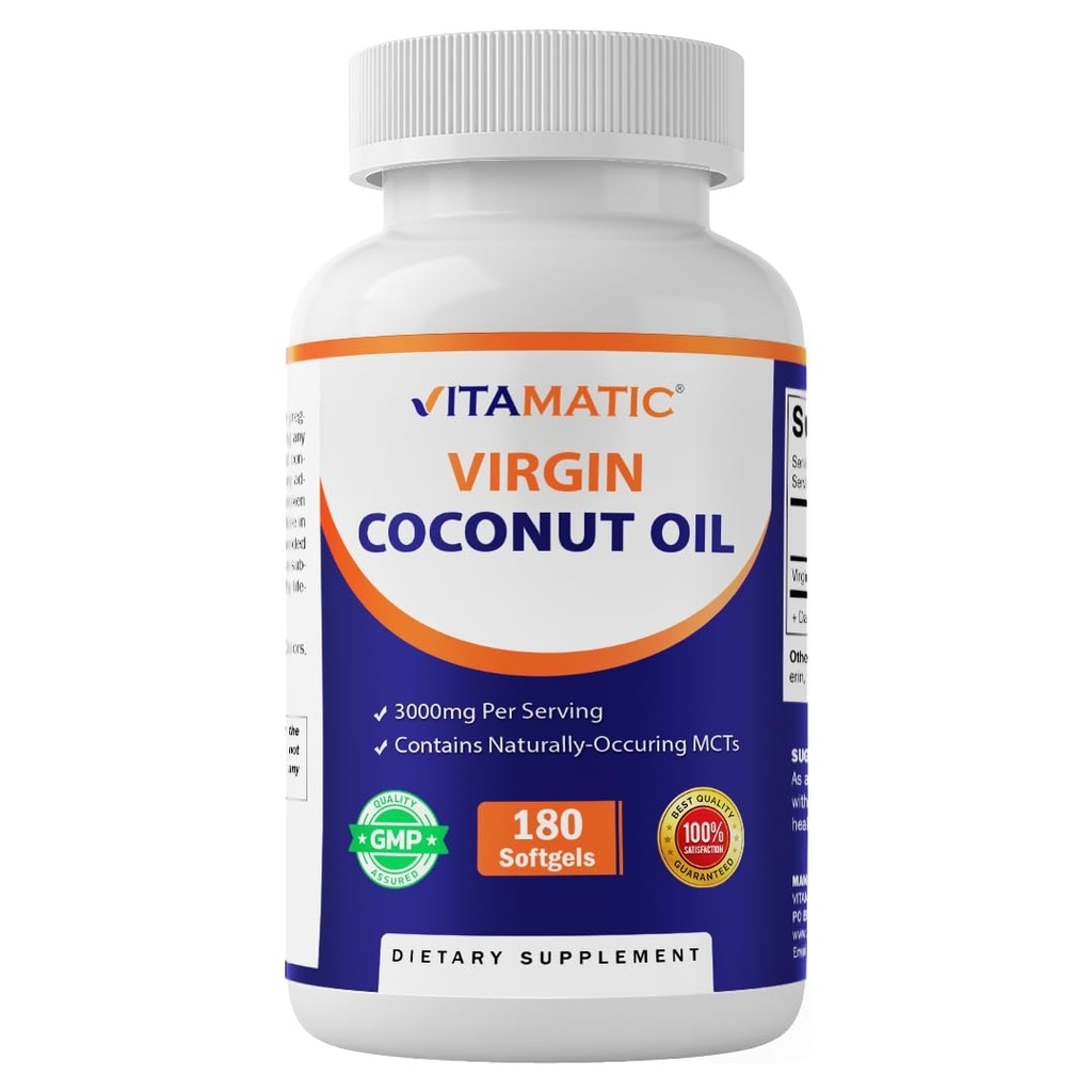 Vitamatic Virgin Coconut Oil Softgels, 3000 mg Per Serving, 60 Servings, 180 Count, Non- GMO, gluten zdarma