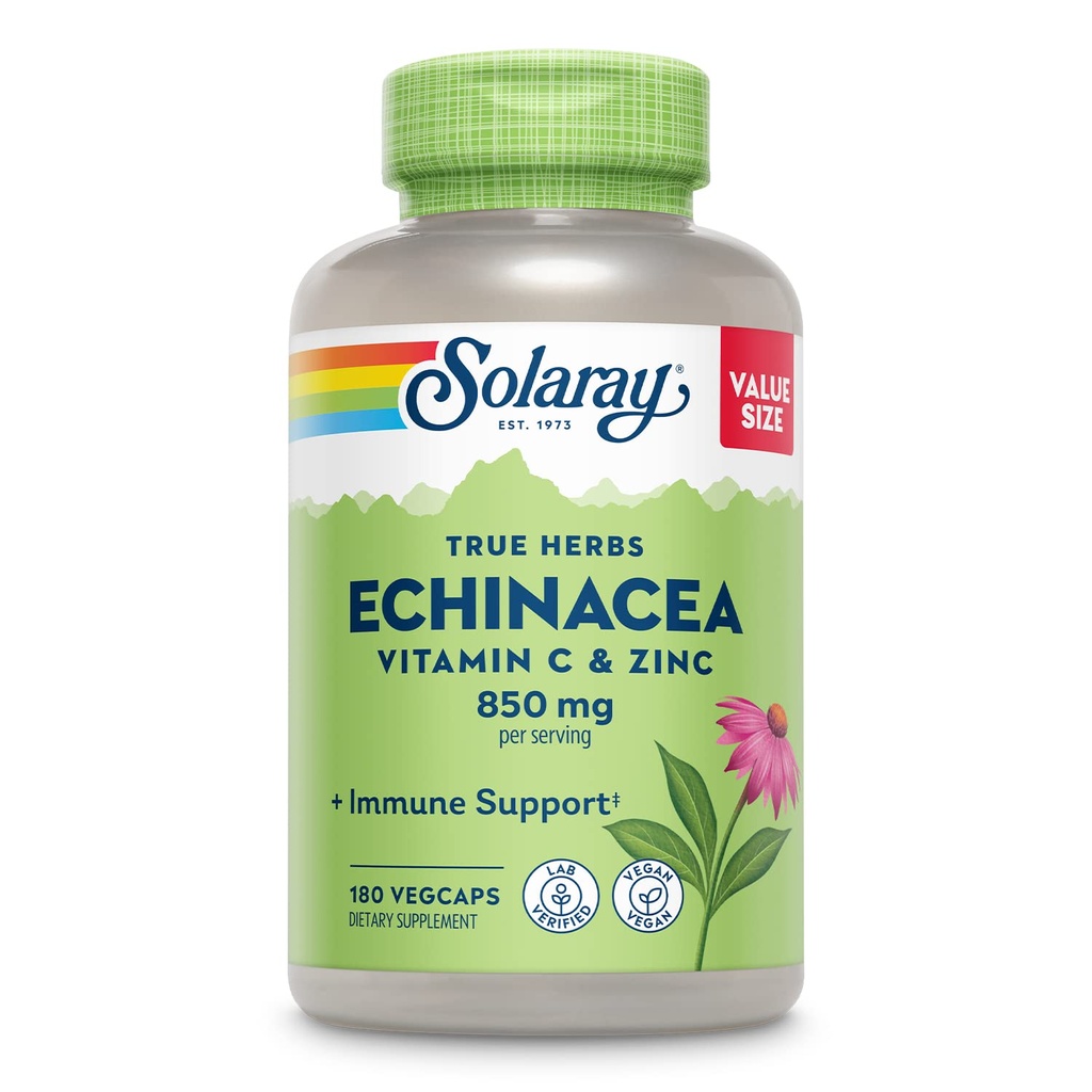 SOLARAY Echinacea Vitamin C & Zinek 850mg Plus bioflavonoidy, Echinacea Kapsle pro zdravou imunitní podporu, Vegan, Laboratoř ověřená, 60denní záruka vrácení peněz, 90 Služeb, 180 VegCaps