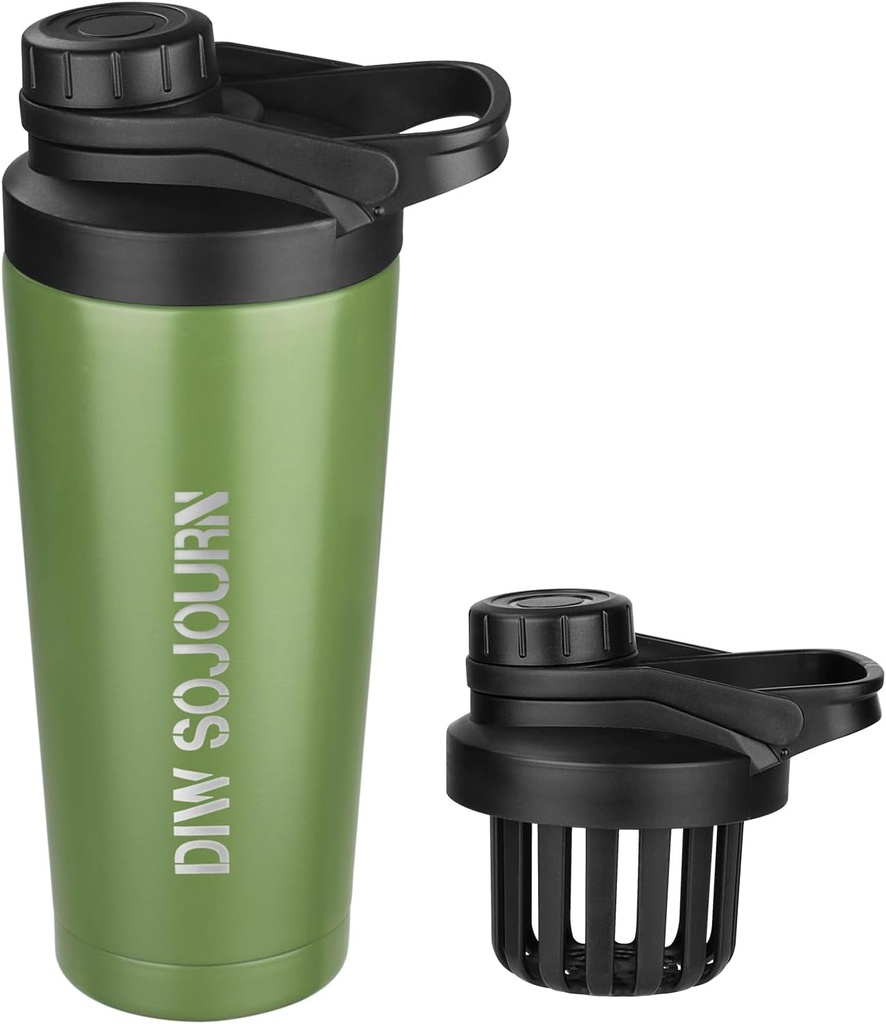 DIW 24 oz Shaker láhev, nerezová ocel Shaker láhev s Noise- Free Design, Izolovaný kovový Shaker Cup pro proteinové směsi a předcvičení, Gym láhev Shaker (zelená)