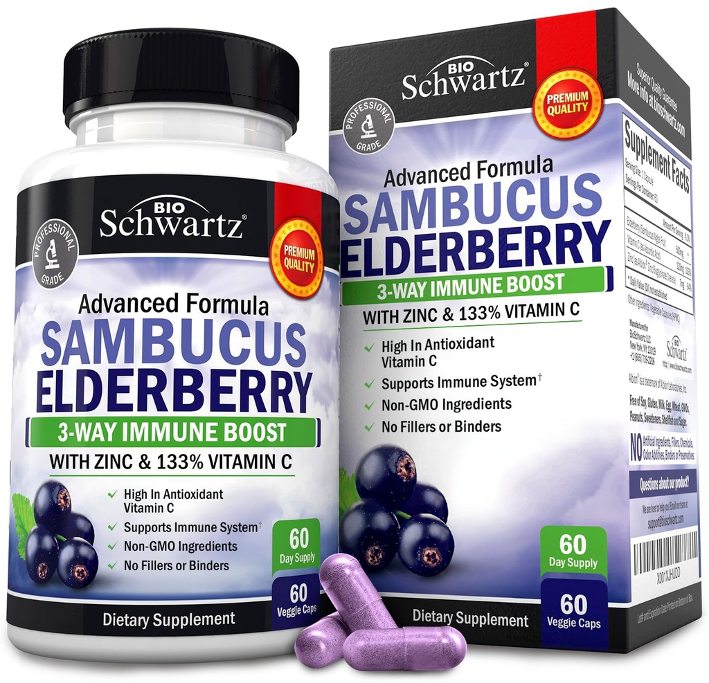 Elderberry Kapsle se zinkem a vitamínem C pro dospělé - Imunitní podpora vitamíny pro ženy a muže - Black Sambucus Elderberry Vitamin C a zink - Imunitní obrana Multiminerály dodatek, 60 Počet