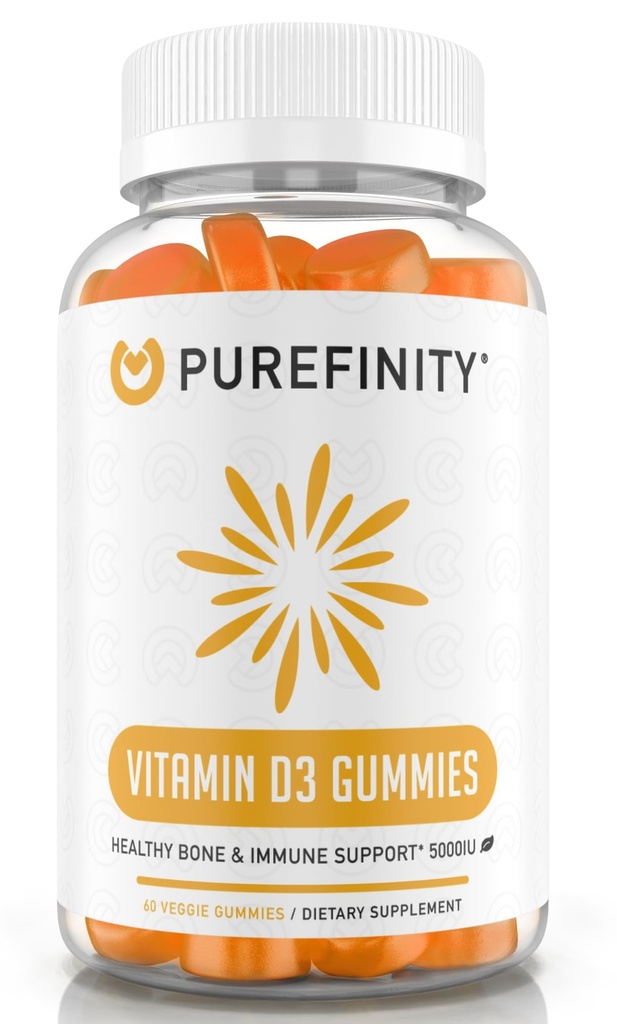 PUREFINITY Vitamin D3 5000 iu Gummies - Váš denní doplněk vitaminu D pro zdraví kostí, imunitní zdraví, a společné svalové podpory pro dospělé a děti - Gluten Free, Non- GMO - 60 Veggie Gummies