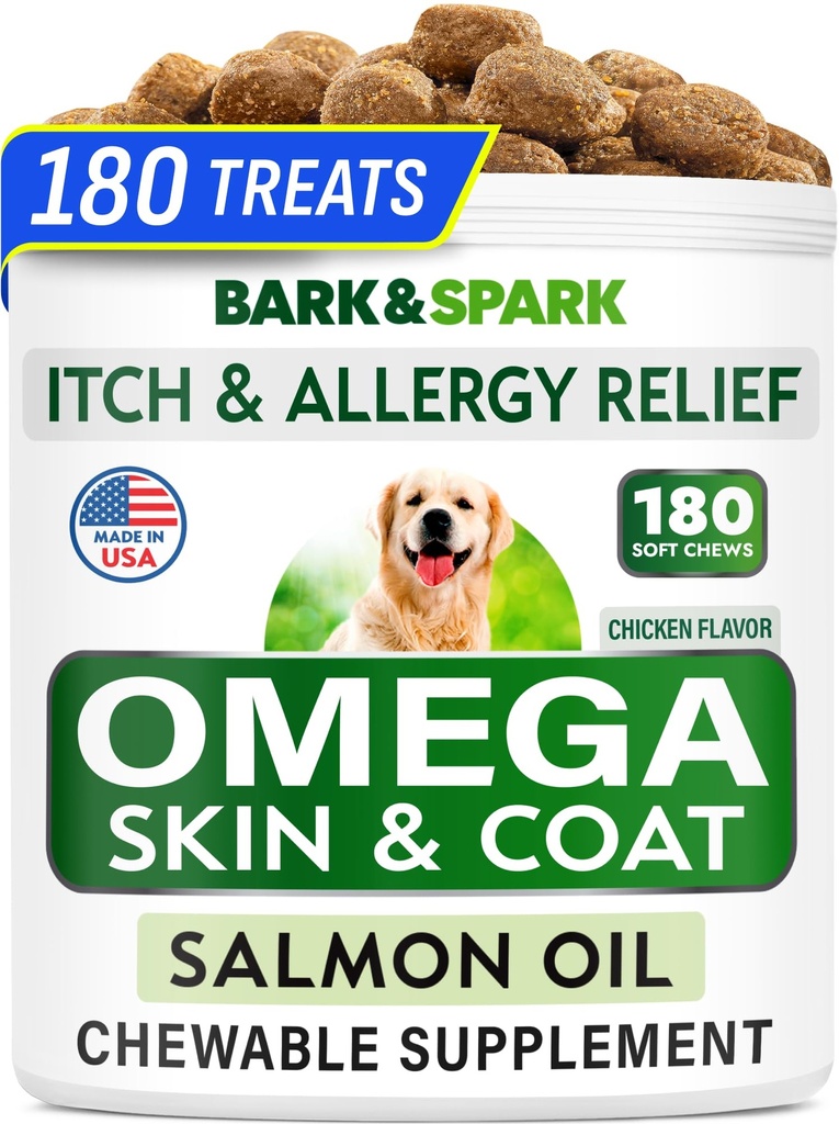 BARK & SPARK Omega 3 pro psy - 180 Fish Oil Paces for Dog Shedding, Skin Allergy Chews, Itch Relief, Hot Spots Treatment - Joint Health - Skin and Coat Supplement - EPA & DHA Fatty Acids - Losos Oil
