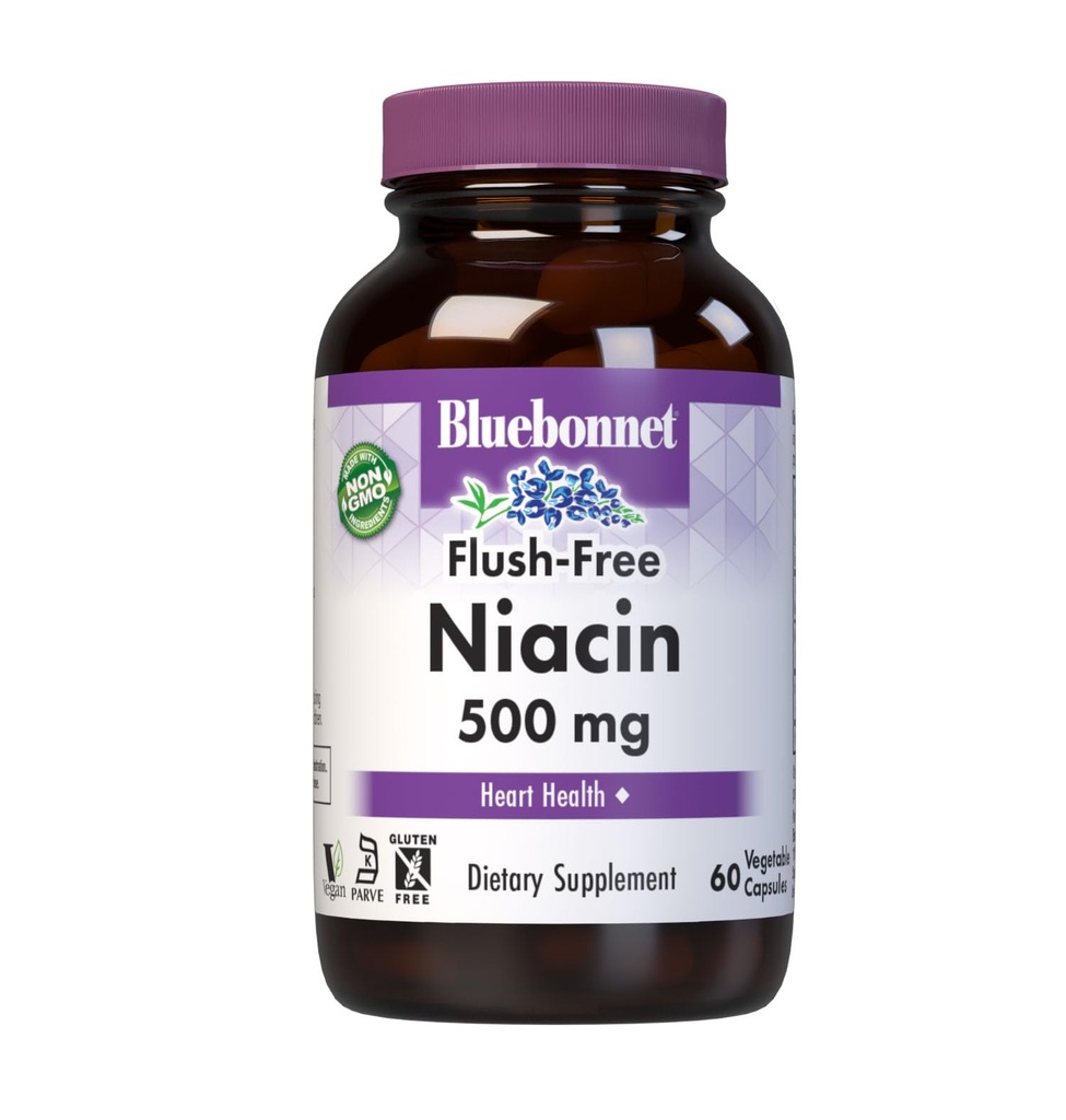 Bluebonnet Nutrition Flush- Free Niacin 500mg, pro nutriční kardiovaskulární podporu *, Soy- Free, gluten- Free, Non-GMO, Kosher Certified, Dairy- Free, Vegan, 60 Rostlinné kapsle, 60 Služeb