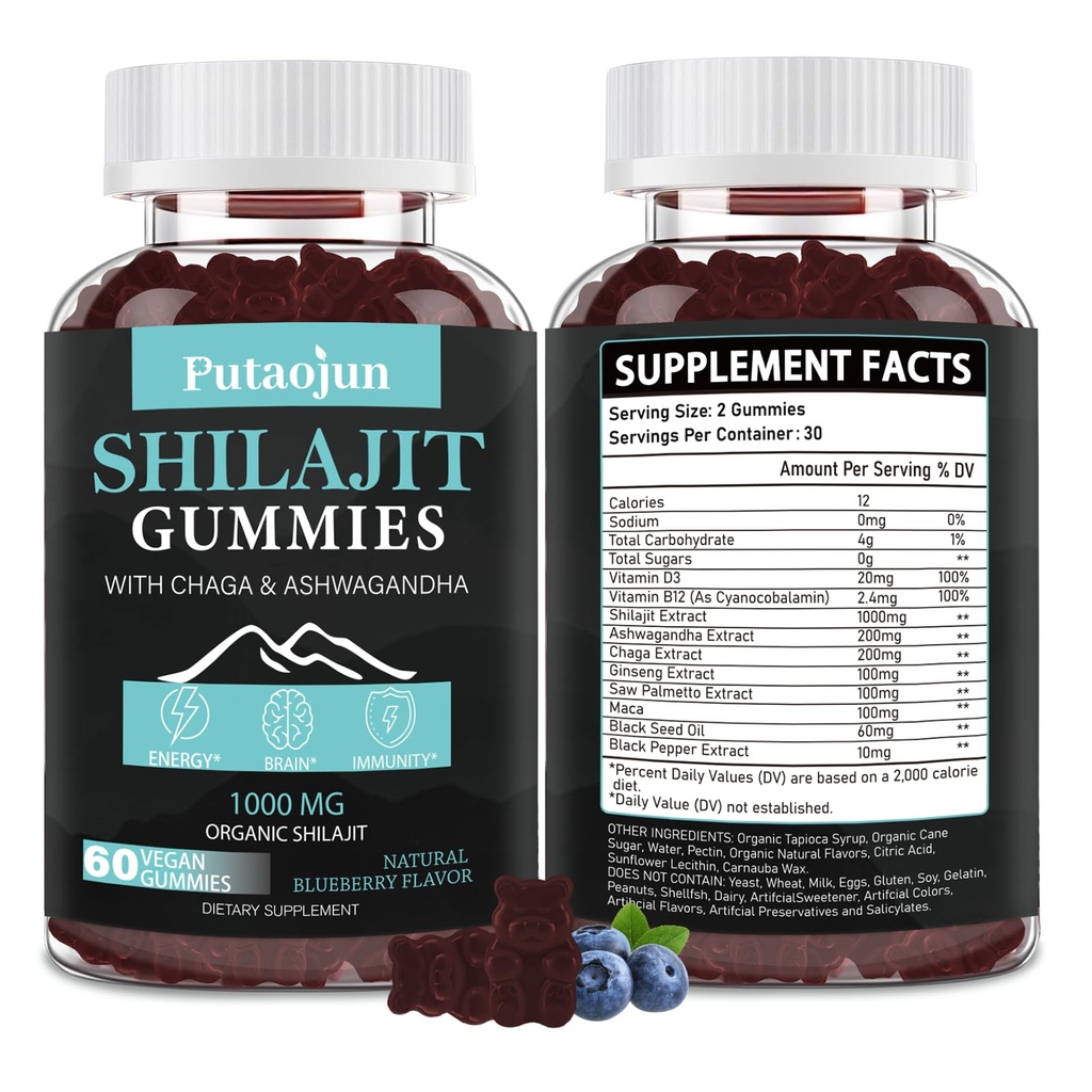 Shilajit for Man, Woman & Kid.Himaláyan Gold Shilajit Gummies.1000mg Shilajit, 200mg Ashwagandha, 200mg Chaga, 100mg Ginseng, 100mg Saw Palmatto, 60mg Black Seed Oil