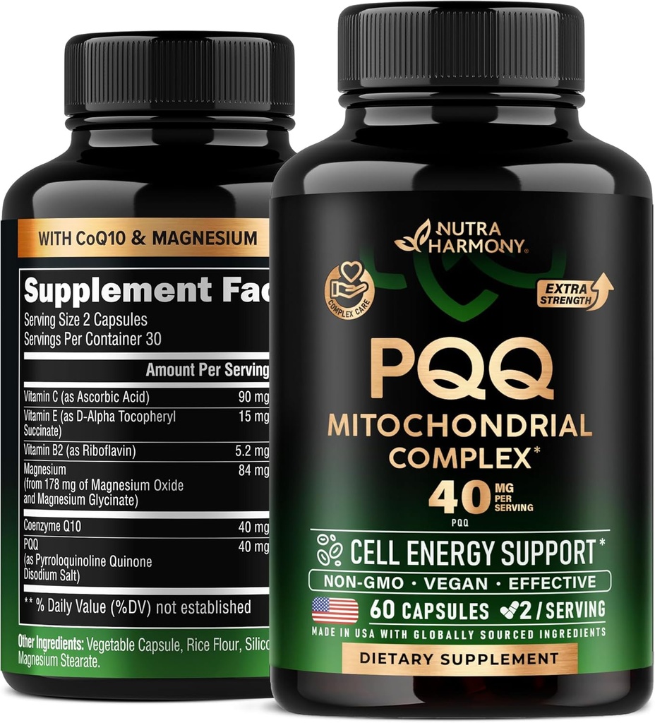 PQQ 40 mg - PQQ s doplňkem CoQ10 - Mitochondria Biogenesis & Cellular Energy Production - with Magnesium, Vitamíny C, E & B2 - Pure & Highly Bioavailable C124; Lab Tested - Made in USA - 60 Kapsle