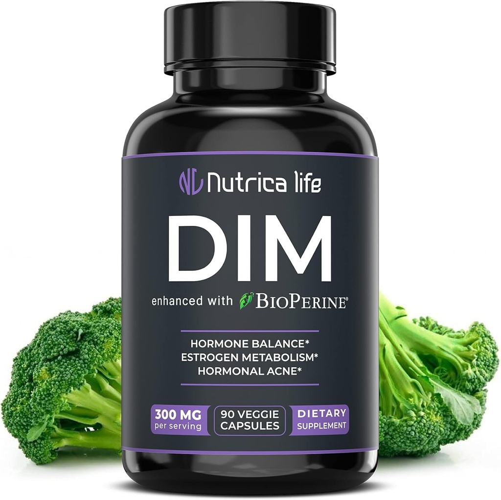 DIM doplněk 300mg - Diindolylmethan s brokolicí a bioperínou - Hormonová rovnováha podpory žen a mužů, Estrogen Metabolismus, Menopauza Relief & Hormonální Acne Control - 90 Vegan Caps