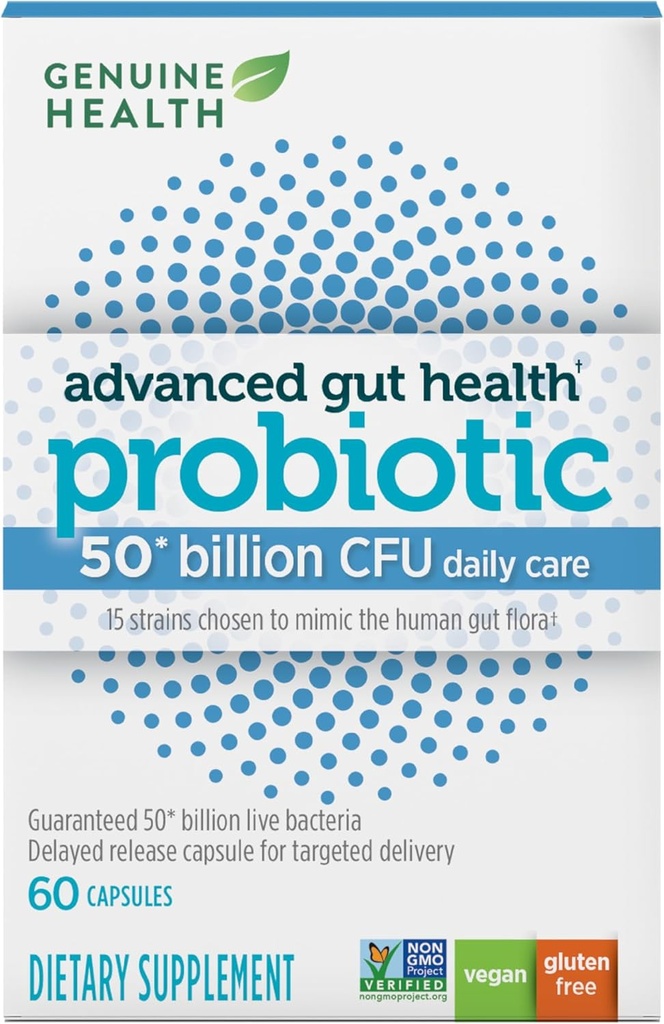 Genuine Health Probiotics, 50 miliard CFU, Denní péče, 15 Diverse Strains, Soy Free, Gluten Free, Vegan Delayed- uvolnění kapsle pro pokročilé Gut zdraví (60 Počet)