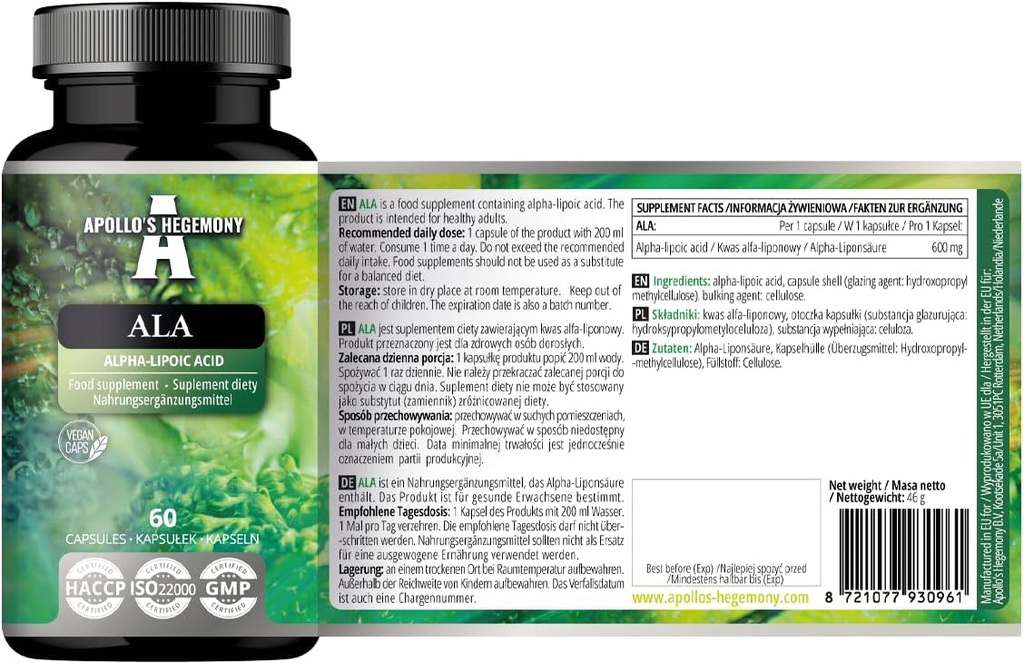 APOLLO 'S HEGEMONY ALA (Alpha Lipoic Acid) 600 mg - 60 Vegan Kapsle - Optimalizuje Glukózu Management - Podporuje Mitochondriální zdraví - Dva měsíce Dodávka