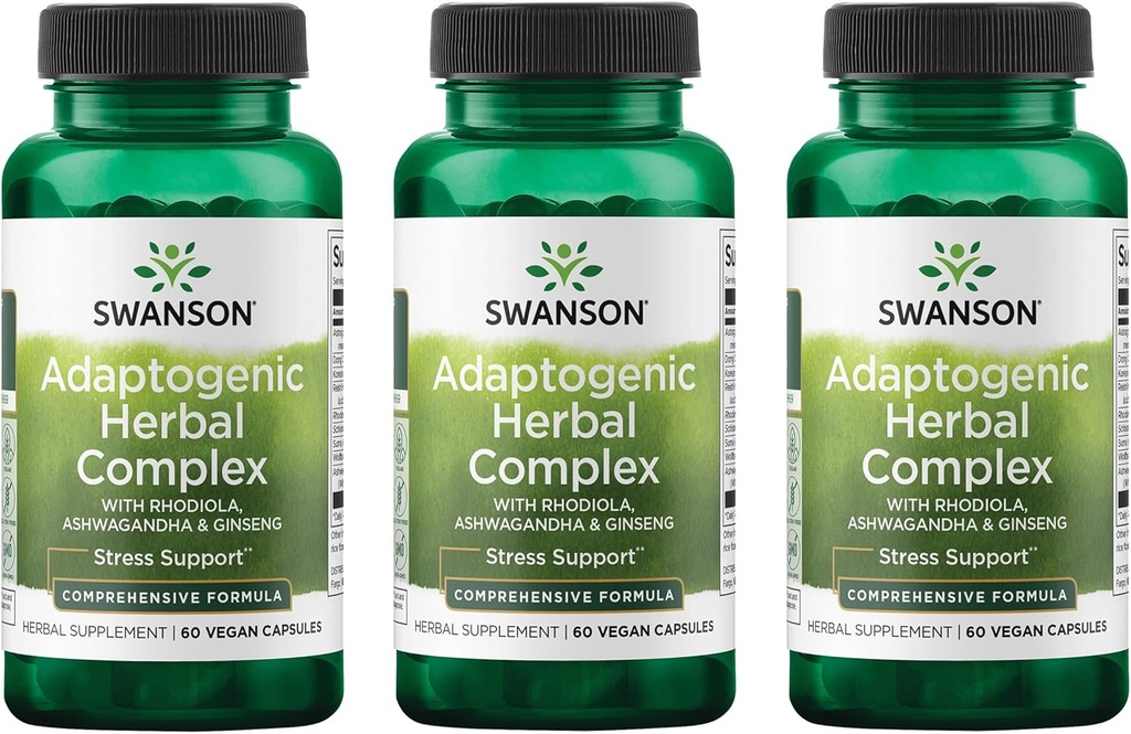 Swanson Rhoddiola Ashwagandha Ginseng Complex Mood Energy Imunitation Function Nervový systém Podpora stresu Adaptogen Herb dodatek 60 Kapsle (3 Pack)