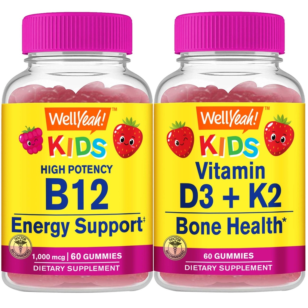WellYeah Vitamin B12 Děti + Vitamin D3 + K2 Děti, Gummies Bundle - Velký Ochutnávka, Vitamin dodatek, Lepek zdarma, GMO zdarma, Žvýkací Gummy