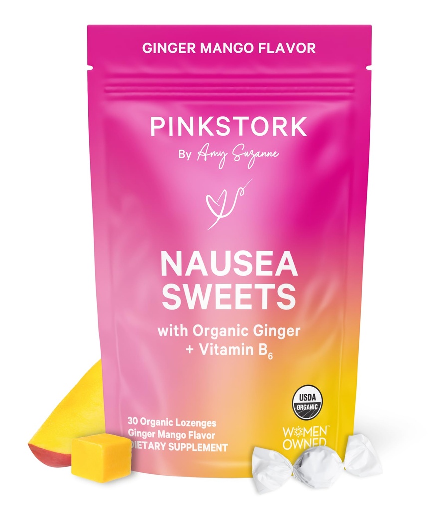 Pink Stork Organic Mango Sweets s vitamínem B6 pro ranní nevolnosti a nevolnosti pohybu, přidána zázvor a vitamín B6, 1. trimester Těhotenství musí mít - 30 obalené bonbony