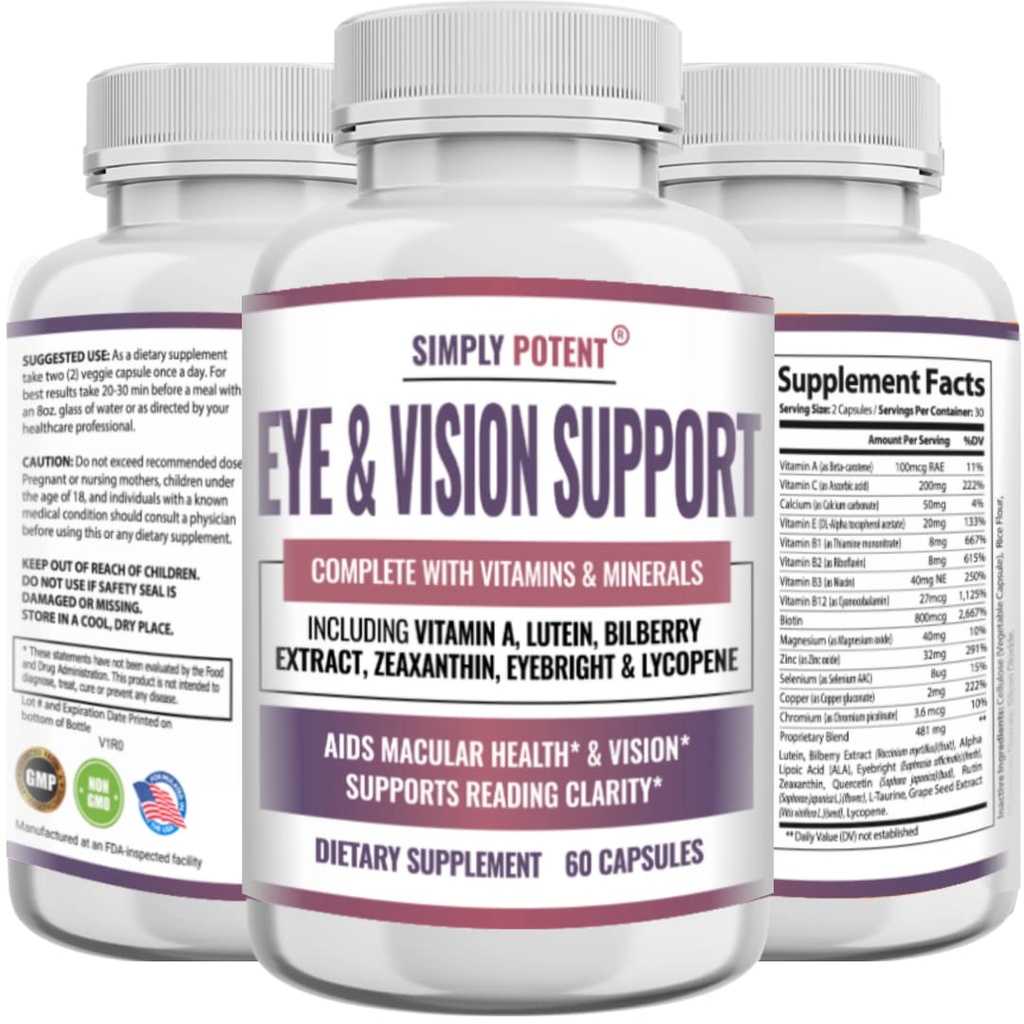 Lutein & Zeaxanthin Oční Zdraví doplňky pro dospělé, přírodní oko & Vision Formule w / vitamín A, Lutein, Zeaxanthin, Bilberry Extract, Eyebright & Lycopen pro Retina & Lens 60 Caps