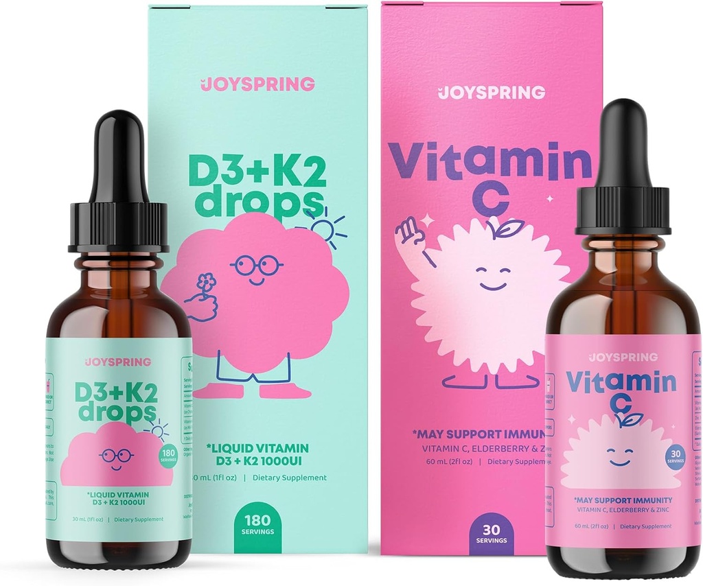 JoySpring Vitamin C + Elderberry Kapky + Zinkové doplňky pro děti Imunitní podpora a Vitamin D Kapky pro imunitní podporu a zdraví srdce