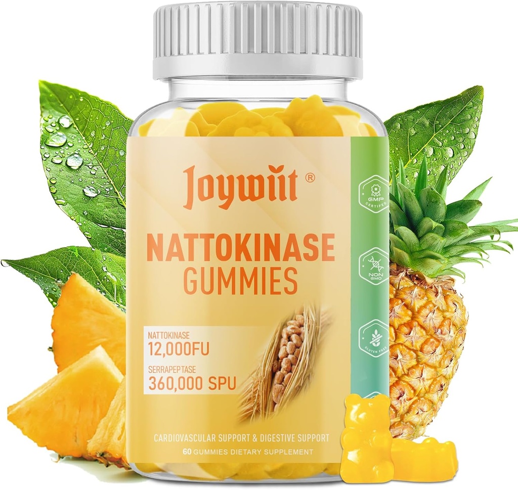 Nattokináza Gummies 12 000 FU, Serrapeptáza Gummies 360 000 SPU Enzyme dodatek s Bromelain Papain & Inulin pro oběh, Gut, Digestion Support, Vegan, Non GMO, 60 Counts